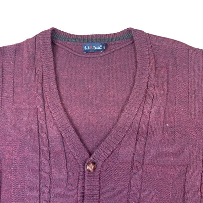 VTG 80s PAUL SMITH BURGUNDY V NECK CABLE KNIT CARDIGAN SIZE L