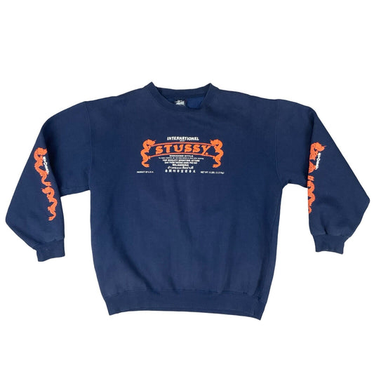 VTG RARE STUSSY INTERNATIONAL NAVY BLUE ORANGE DRAGON CREW NECK SWEATSHIRT M