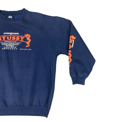 VTG RARE STUSSY INTERNATIONAL NAVY BLUE ORANGE DRAGON CREW NECK SWEATSHIRT M