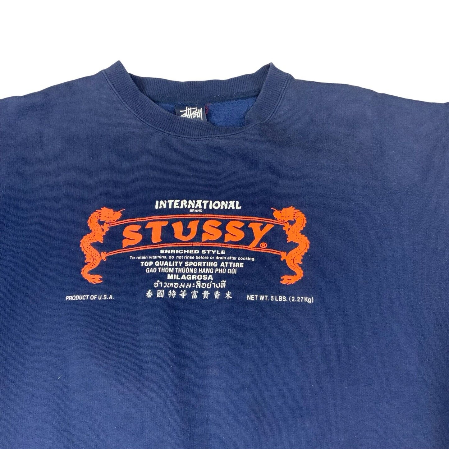 VTG RARE STUSSY INTERNATIONAL NAVY BLUE ORANGE DRAGON CREW NECK SWEATSHIRT M
