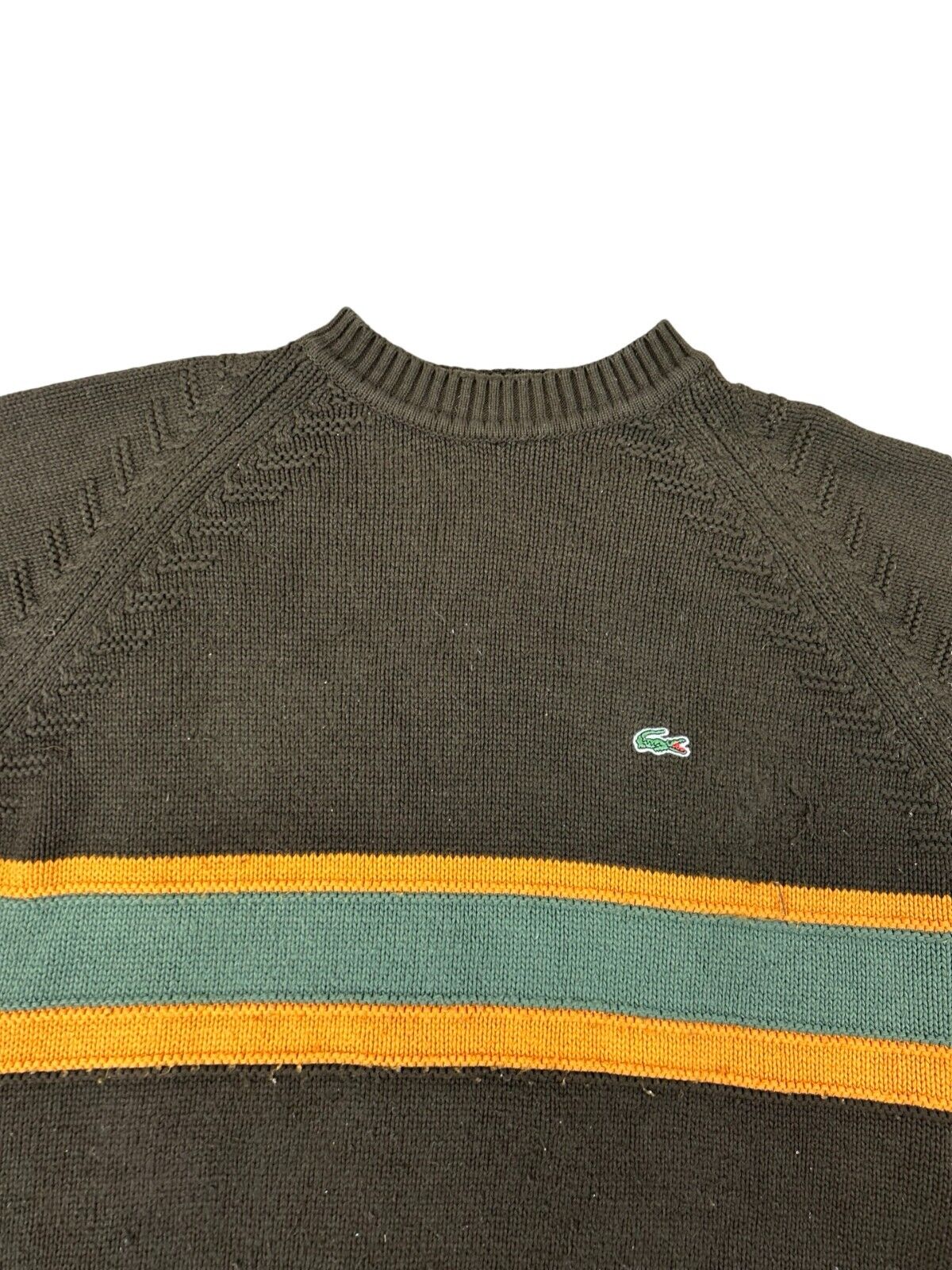 VTG 80s LACOSTE BROWN STRIPE CREW NECK KNIT JUMPER SIZE XL