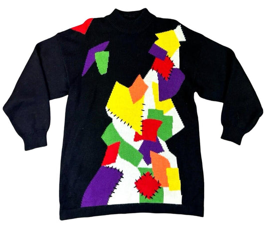 VTG 80s BETTY BARCLAY BLACK MULTICOLOUR ABSTRACT PATTERN HIGH NECK JUMPER UK 14