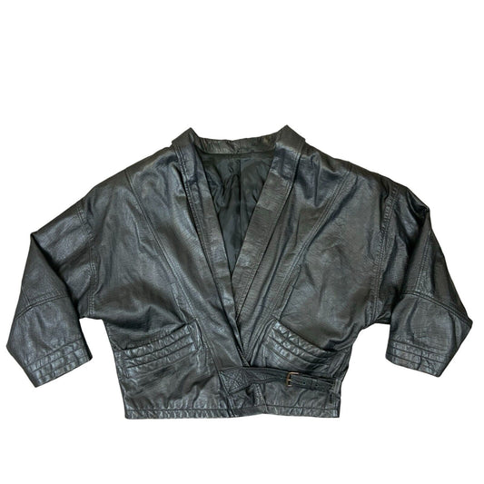 VTG 1980s LADIES PELLE MODA ITALIAN BLACK LEATHER JACKET BUCKLE FASTENING S 8-10