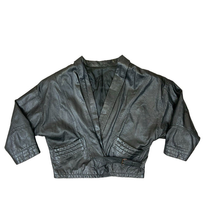 VTG 1980s LADIES PELLE MODA ITALIAN BLACK LEATHER JACKET BUCKLE FASTENING S 8-10