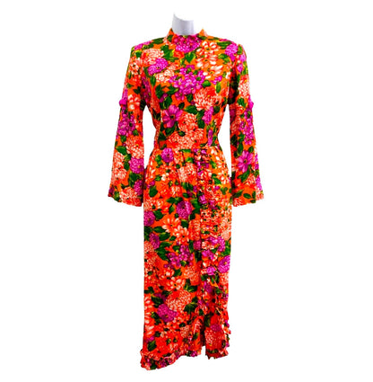 VTG 70s ORANGE PURPLE GREEN FLORAL SEQUINNED MOCK NECK MAXI DRESS UK 6