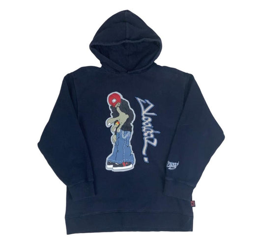 VTG 90S C&A HERE & THERE NAVY BLUE SKATER GRAPHIC PULLOVER HOODIE MEDIUM