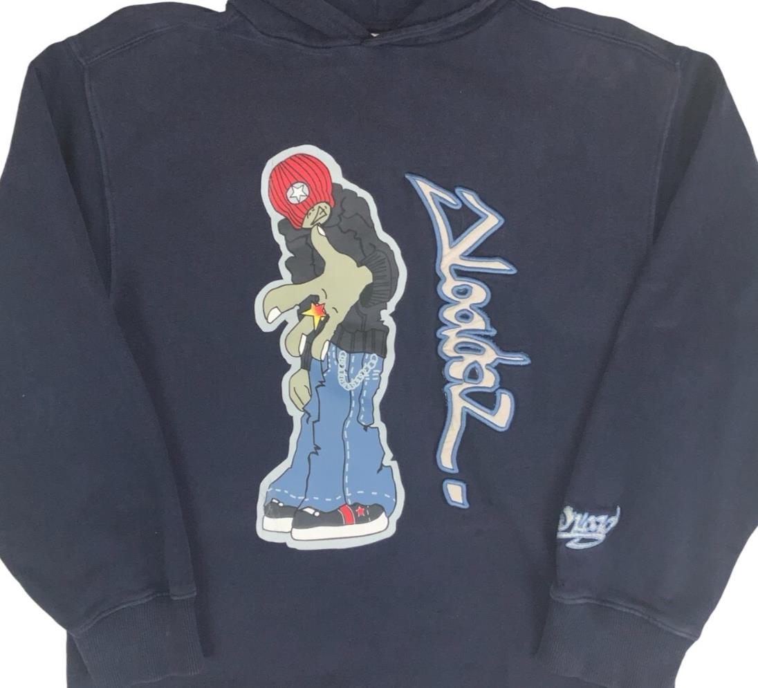 VTG 90S C&A HERE & THERE NAVY BLUE SKATER GRAPHIC PULLOVER HOODIE MEDIUM