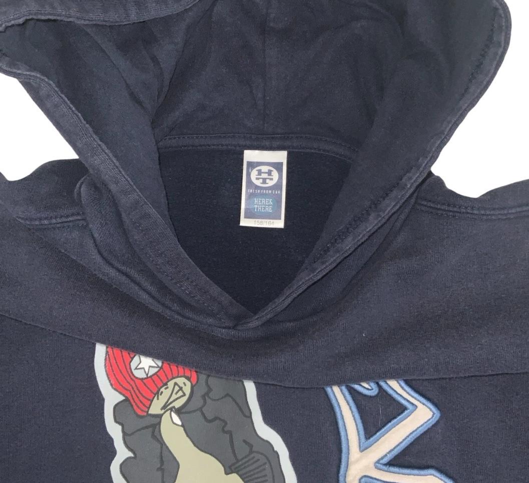 VTG 90S C&A HERE & THERE NAVY BLUE SKATER GRAPHIC PULLOVER HOODIE MEDIUM