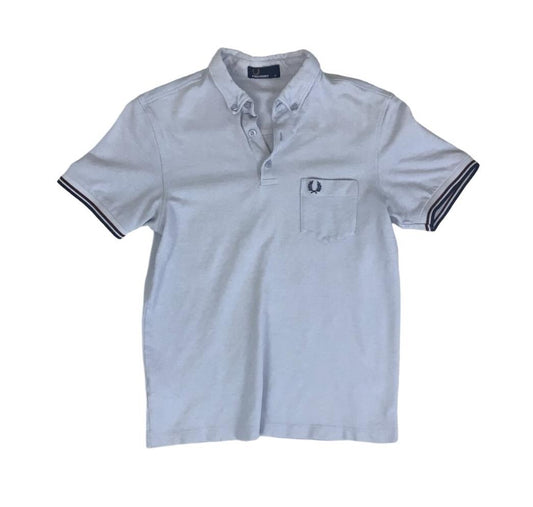 VTG FRED PERRY BLUE BROWN TWIN TIPPED M3561 POLO NECK SHIRT SMALL