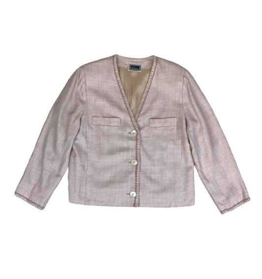 VTG 80S LOUISA SPAGNOLI PINK BEIGE CROSSHATCH BLAZER JACKET L 16