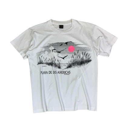 VTG 90S WHITE PLAYA DE LAS AMERICAS TENERIFE BEACH GRAPHIC SINGLE STITCH TEE L