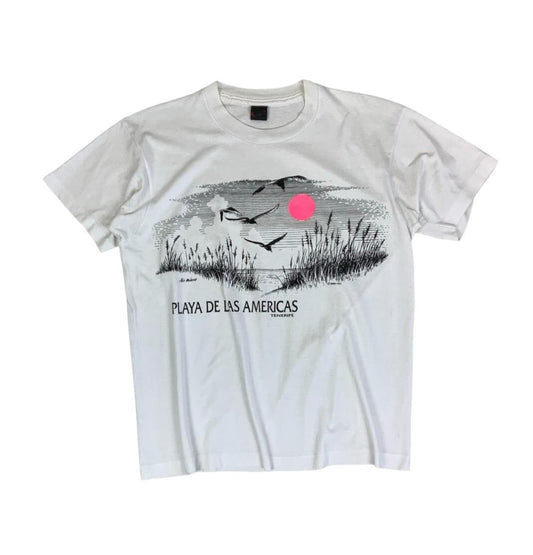 VTG 90S WHITE PLAYA DE LAS AMERICAS TENERIFE BEACH GRAPHIC SINGLE STITCH TEE L