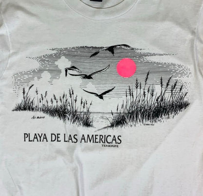VTG 90S WHITE PLAYA DE LAS AMERICAS TENERIFE BEACH GRAPHIC SINGLE STITCH TEE L