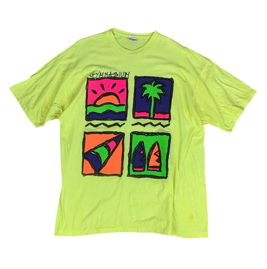 VTG 90S NEON YELLOW GYMNASIUM SINGLE STITCH SURFER GRAPHIC TEE M/L