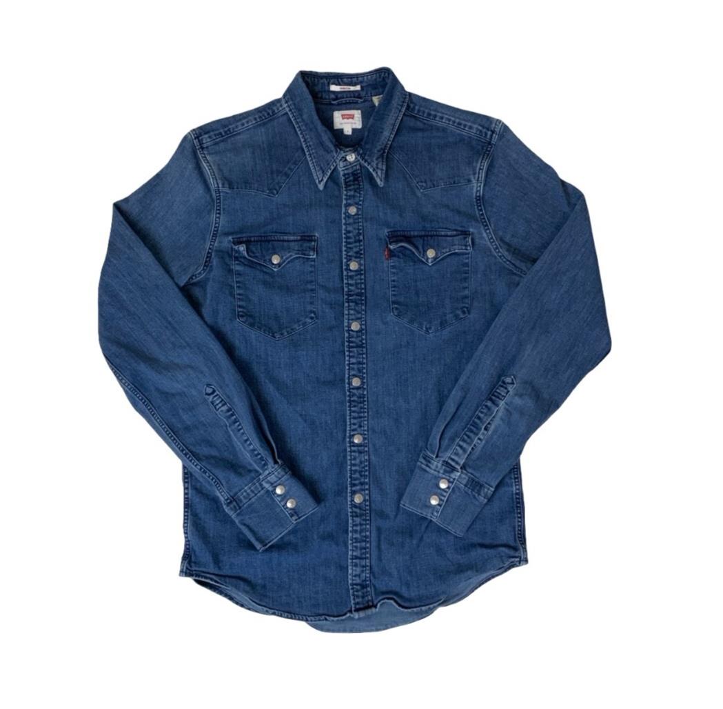 VTG 90S LEVI'S BUE WESTERN DENIM SNAP BUTTON RED TAB SHIRT SMALL