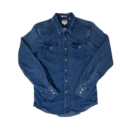 VTG 90S LEVI'S BUE WESTERN DENIM SNAP BUTTON RED TAB SHIRT SMALL