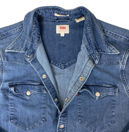 VTG 90S LEVI'S BUE WESTERN DENIM SNAP BUTTON RED TAB SHIRT SMALL