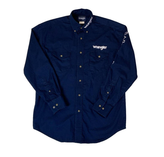 VTG 90S Y2K WRANGLER BLUE RETRO WESTERN EMBROIDERED LOGO SHIRT MEDIUM