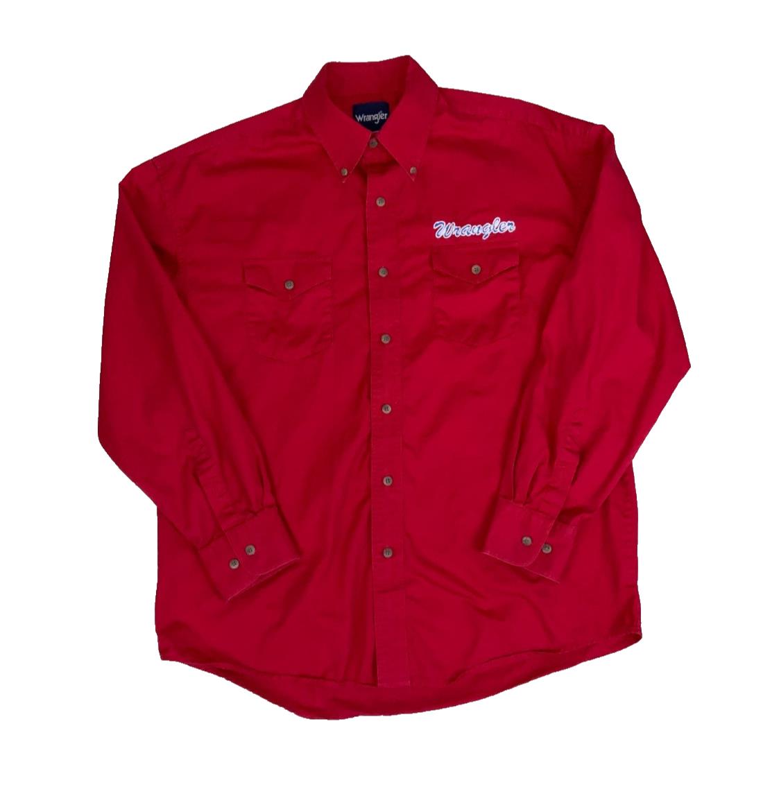 VTG 90S WRANGLER RED LONG SLEEVED BUTTON DOWN EMBROIDERED SHIRT LARGE