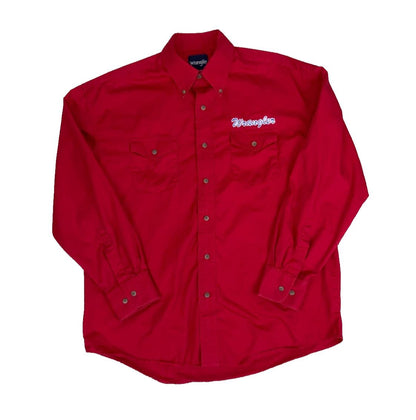 VTG 90S WRANGLER RED LONG SLEEVED BUTTON DOWN EMBROIDERED SHIRT LARGE