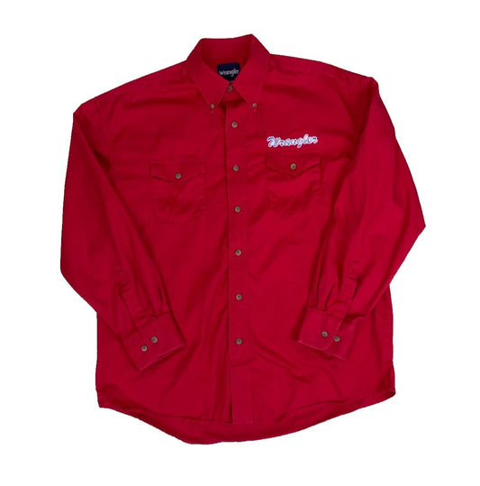 VTG 90S WRANGLER RED LONG SLEEVED BUTTON DOWN EMBROIDERED SHIRT LARGE