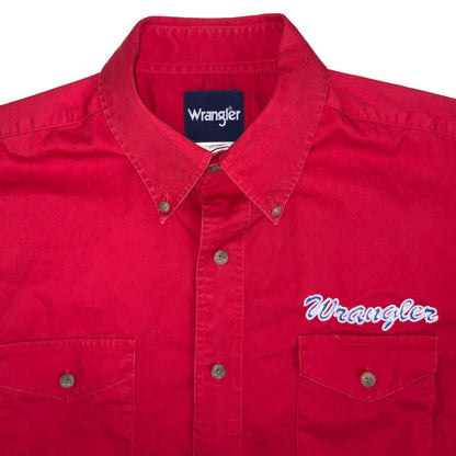 VTG 90S WRANGLER RED LONG SLEEVED BUTTON DOWN EMBROIDERED SHIRT LARGE