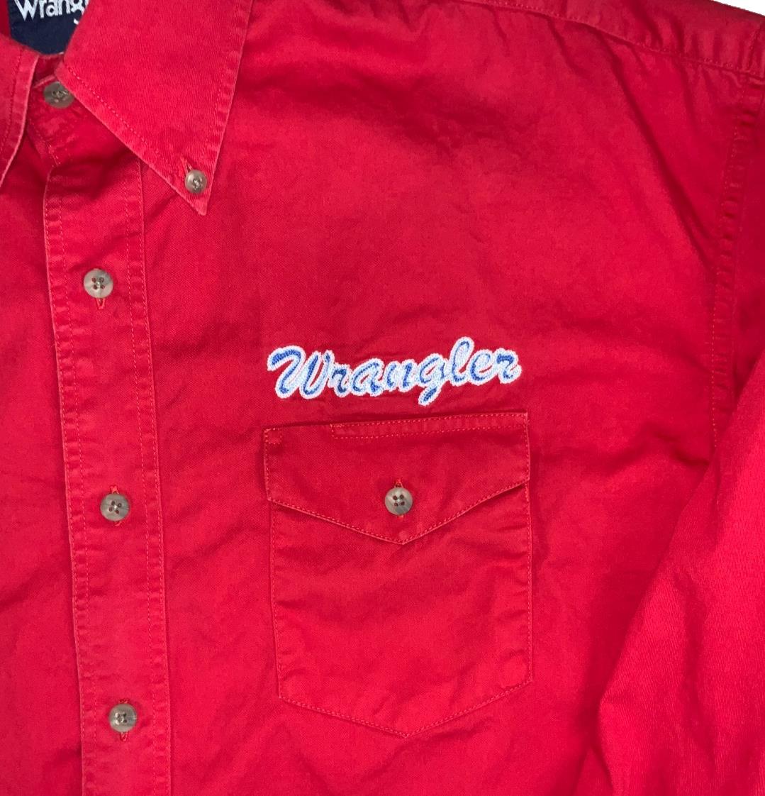 VTG 90S WRANGLER RED LONG SLEEVED BUTTON DOWN EMBROIDERED SHIRT LARGE