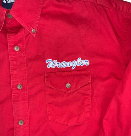 VTG 90S WRANGLER RED LONG SLEEVED BUTTON DOWN EMBROIDERED SHIRT LARGE