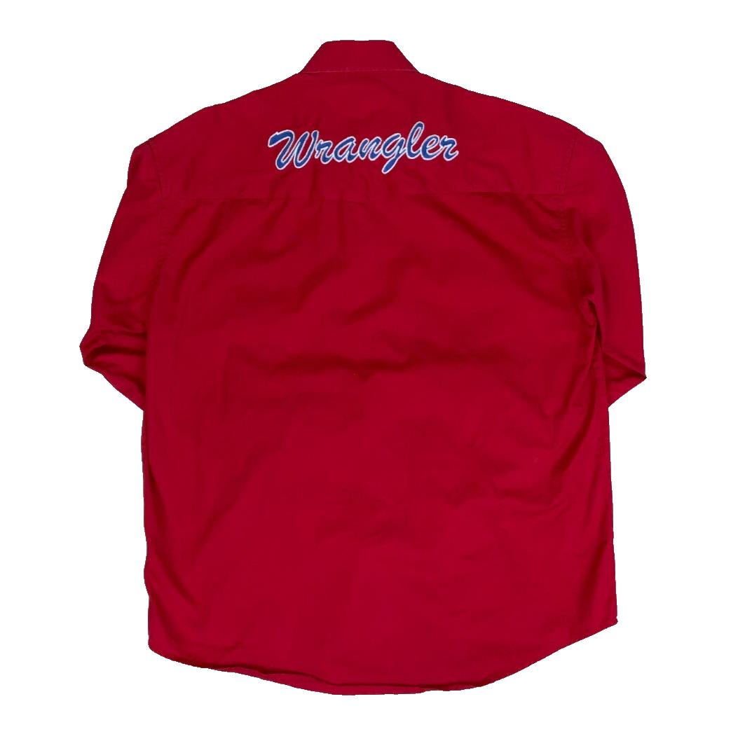 VTG 90S WRANGLER RED LONG SLEEVED BUTTON DOWN EMBROIDERED SHIRT LARGE
