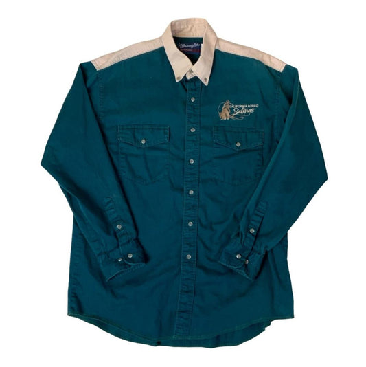 VTG 80S WRANGLER WESTERN GREEN BEIGE RODEO RETRO LONG SLEEVED SHIRT L