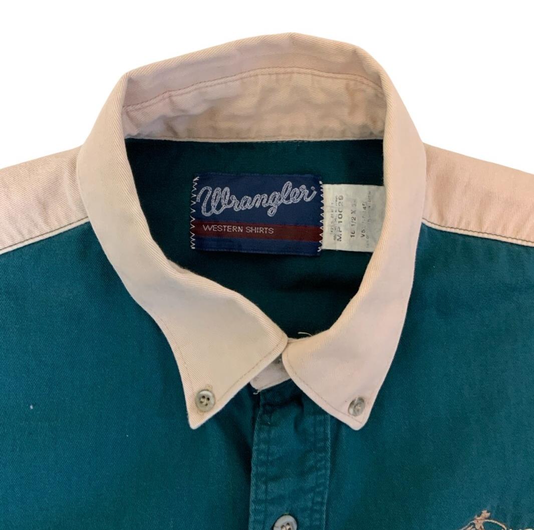 VTG 80S WRANGLER WESTERN GREEN BEIGE RODEO RETRO LONG SLEEVED SHIRT L