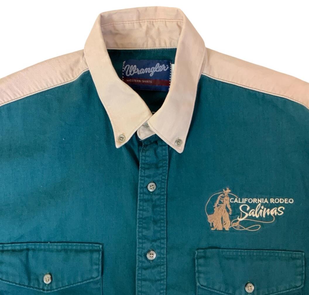 VTG 80S WRANGLER WESTERN GREEN BEIGE RODEO RETRO LONG SLEEVED SHIRT L