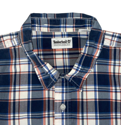VTG 90S TIMBERLAND BLUE WHITE PINK PLAID SHORT SLEEVED SHIRT L XL