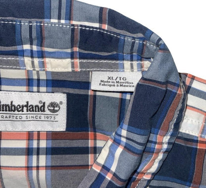 VTG 90S TIMBERLAND BLUE WHITE PINK PLAID SHORT SLEEVED SHIRT L XL