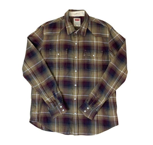 VTG 90S LEVI'S BROWN CHECK WESTERN LONG SLEEVE CASUAL LARGE