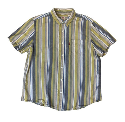 VTG LEVI'S YELLOW BLUE BEIGE STRIPED SHORT SLEEVED CASUAL SHIRT LARGE 47"