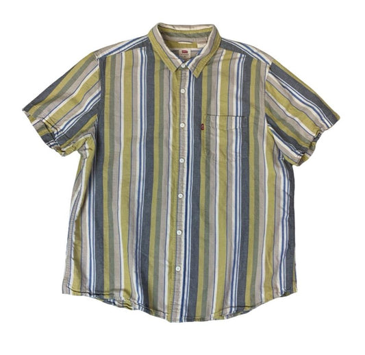 VTG LEVI'S YELLOW BLUE BEIGE STRIPED SHORT SLEEVED CASUAL SHIRT LARGE 47"