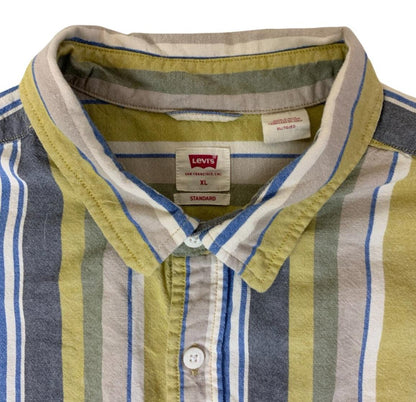 VTG LEVI'S YELLOW BLUE BEIGE STRIPED SHORT SLEEVED CASUAL SHIRT LARGE 47"
