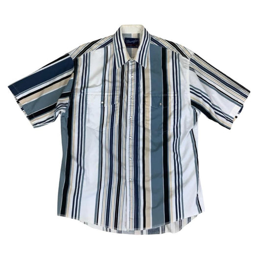 VTG 90S WRANGLER WHITE BLUE  STRIPED PEARL SNAP WESTERN SHIRT LARGE 46"
