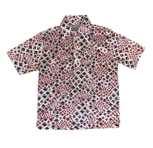 VTG 70S ARNOLD PALMER ROBERT BRUCE RED WHITE BLUE PATTERN GOLF POLO SHIRT S 39"