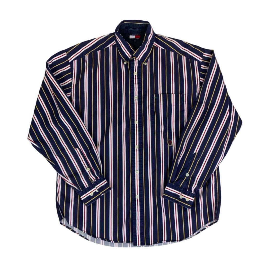 VTG 90s 00s TOMMY HILFIGER LONG-SLEEVED BUTTON-DOWN STRIPED SHIRT LARGE 47"
