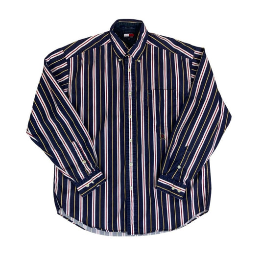 VTG 90s 00s TOMMY HILFIGER LONG-SLEEVED BUTTON-DOWN STRIPED SHIRT LARGE 47"
