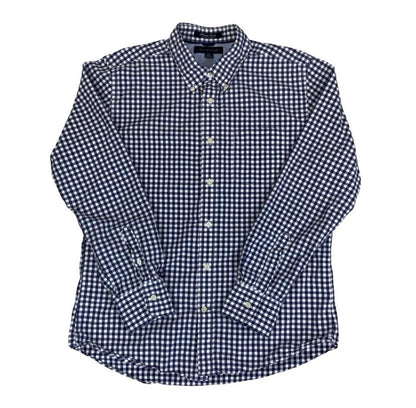 VTG 00S TOMMY HILFIGER NAVY BLUE WHITE CHECK LONG-SLEEVED SHIRT MEDIUM 43"