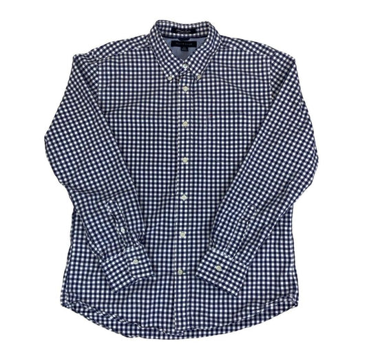 VTG 00S TOMMY HILFIGER NAVY BLUE WHITE CHECK LONG-SLEEVED SHIRT MEDIUM 43"