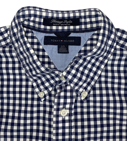 VTG 00S TOMMY HILFIGER NAVY BLUE WHITE CHECK LONG-SLEEVED SHIRT MEDIUM 43"