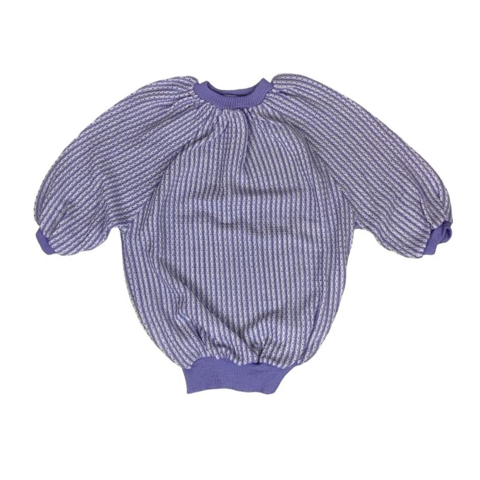 VTG 80S PURPLE WHITE STRIPE PUFF SHORT SLEEVE PULL-OVER KNITTED JUMPER M 12