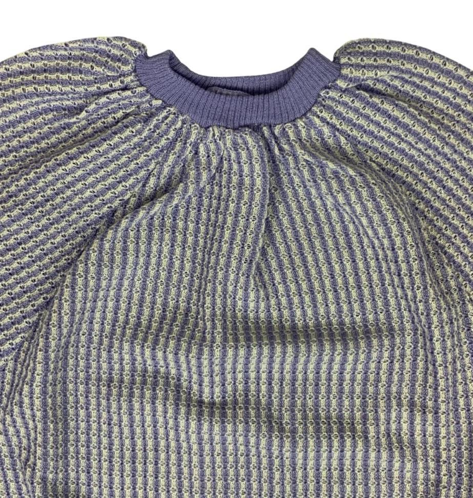 VTG 80S PURPLE WHITE STRIPE PUFF SHORT SLEEVE PULL-OVER KNITTED JUMPER M 12