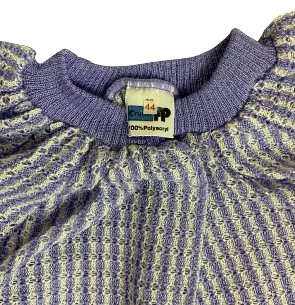 VTG 80S PURPLE WHITE STRIPE PUFF SHORT SLEEVE PULL-OVER KNITTED JUMPER M 12