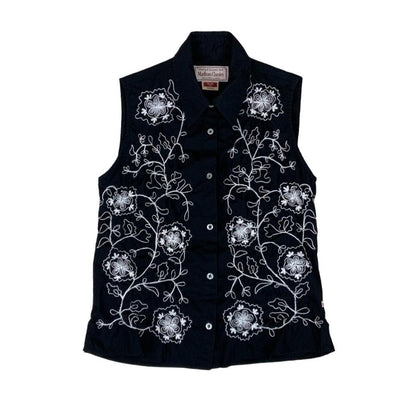 VTG 90S MARLBORO CLASSIC BLACK WHITE EMBROIDERED SLEEVELESS BLOUSE SMALL 8
