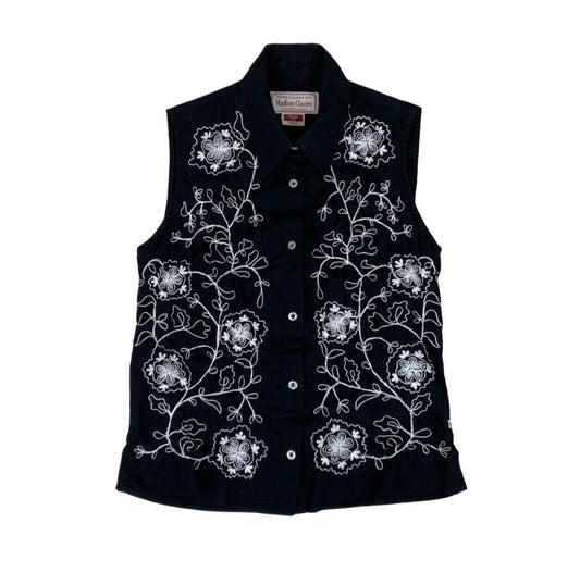 VTG 90S MARLBORO CLASSIC BLACK WHITE EMBROIDERED SLEEVELESS BLOUSE SMALL 8